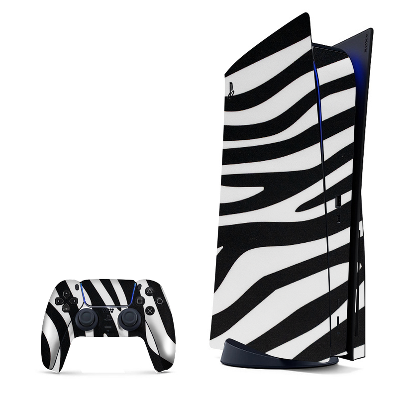 Black and white stripes mimicking zebra skin, wrap for PlayStation 5.