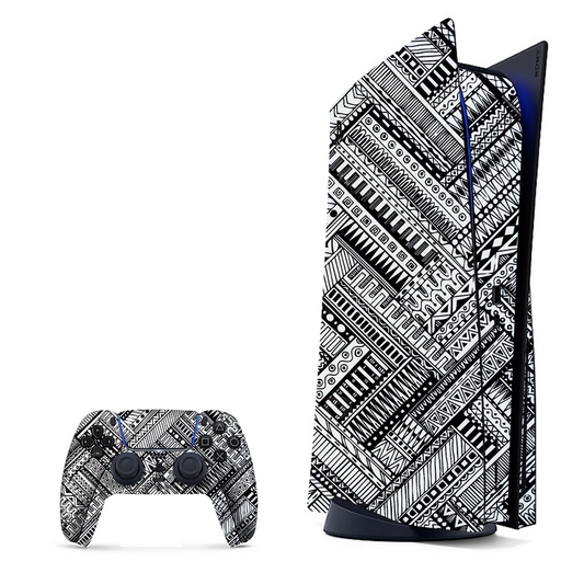 Detailed black and white mandala design, wrap for PlayStation 5.