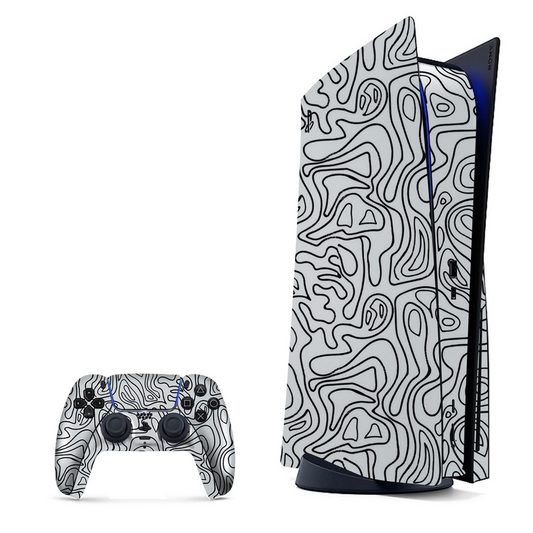 Assortment of white doodles on a contrasting background, wrap for PlayStation 5.