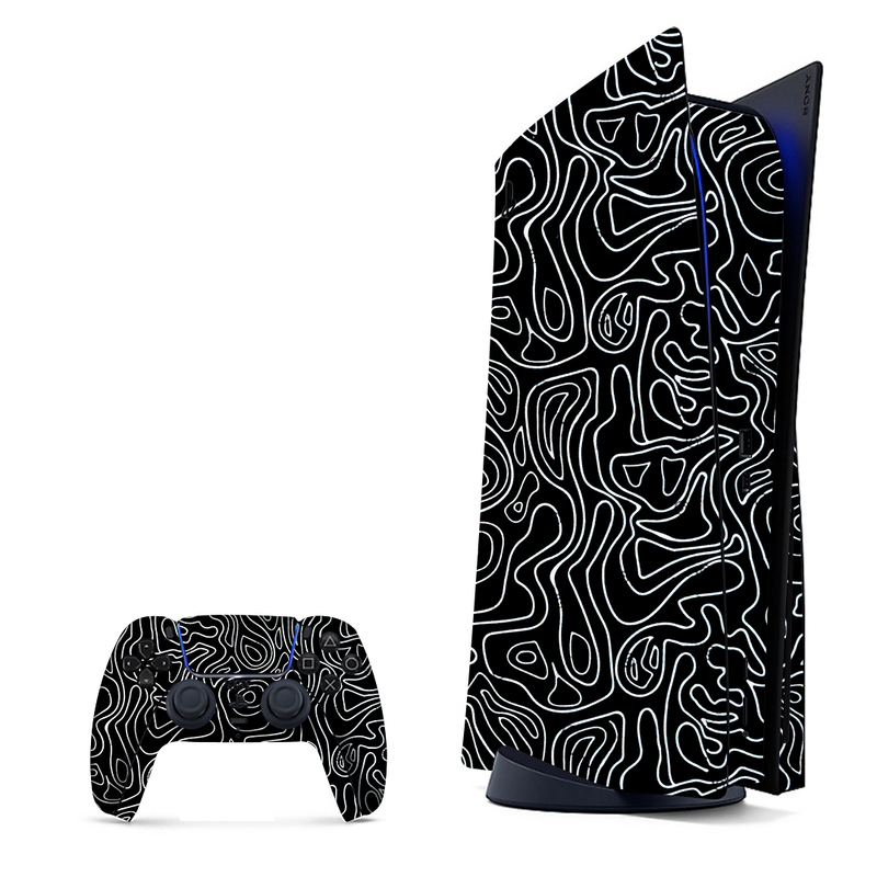 Assortment of black doodles on a contrasting background, wrap for PlayStation 5.