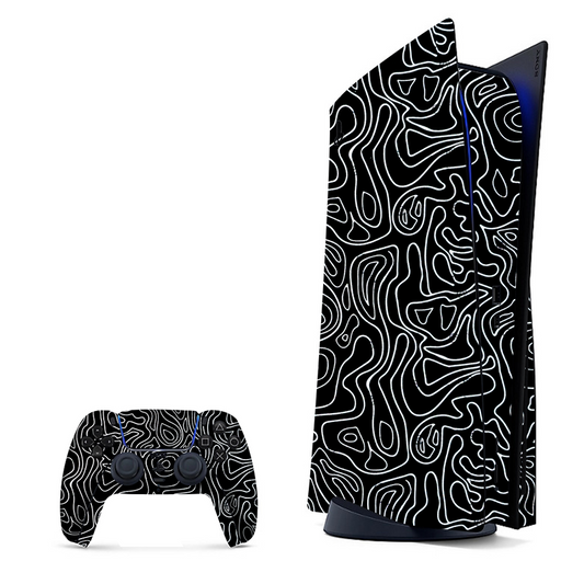 Assortment of black doodles on a contrasting background, wrap for PlayStation 5.