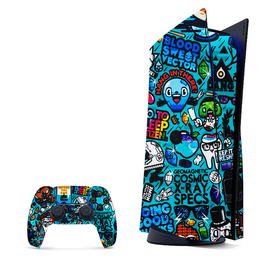 Abstract doodle pattern with cartoonish elements, wrap for PlayStation 5.