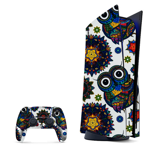Mandala pattern incorporating owl motifs, wrap for PlayStation 5.