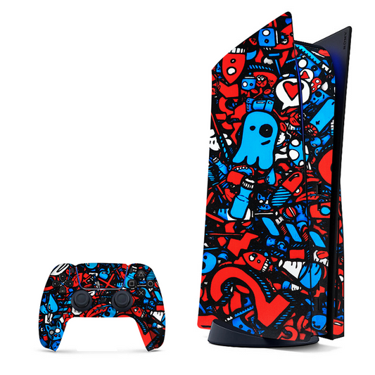 Pattern featuring cartoon-style doodles, wrap for PlayStation 5.