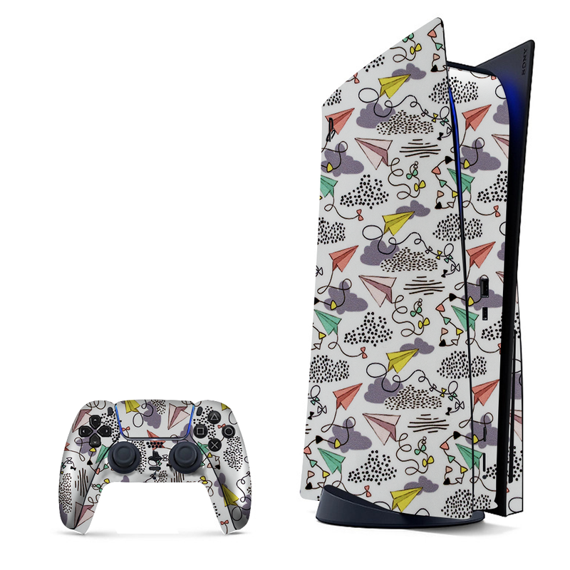 Pattern with doodles of airplanes and flight-related elements, wrap for PlayStation 5.