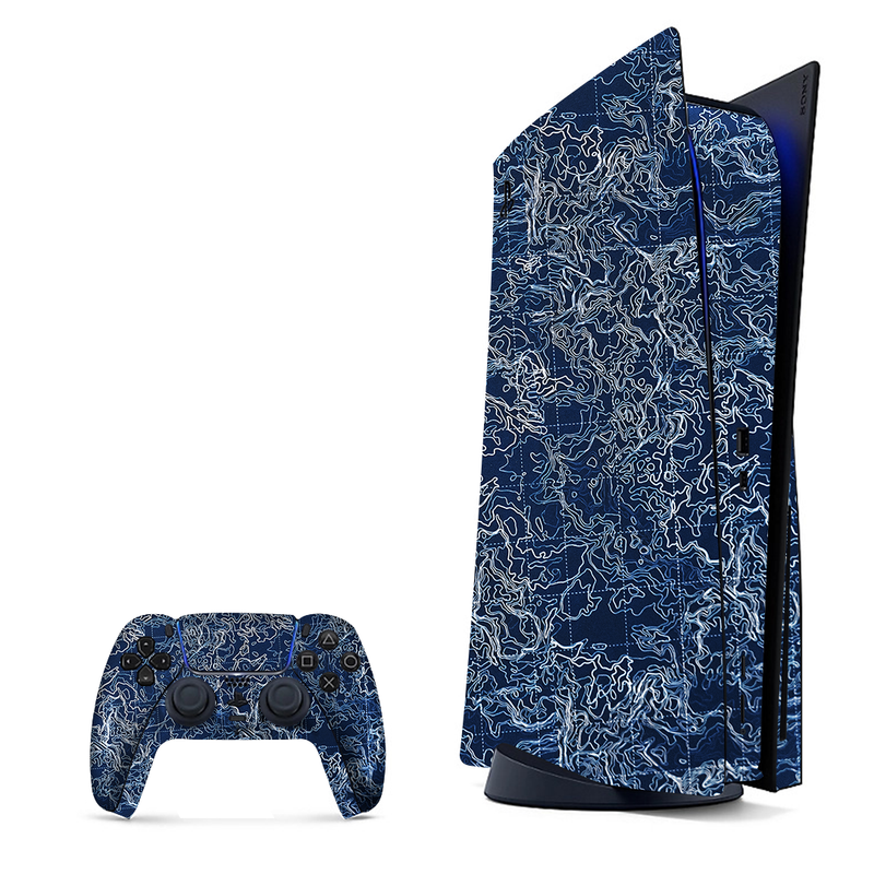 Map design in blue tones, wrap for PlayStation 5.