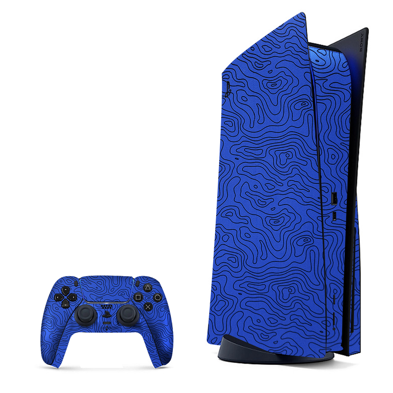 Assortment of blue doodles creating a seamless pattern, wrap for PlayStation 5.