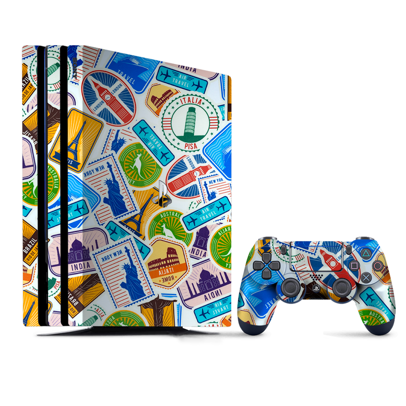 Abstract patterns symbolizing travel themes, wrap for PlayStation 4.